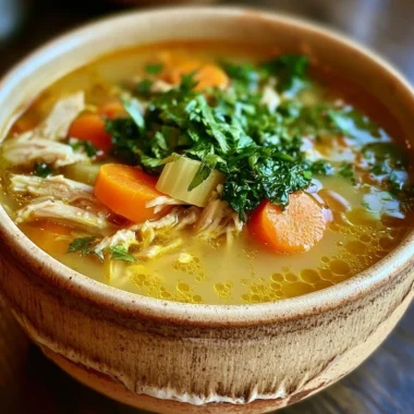 Bowl of cozy anti-inflammatory chicken soup with fresh herbs and vegetables