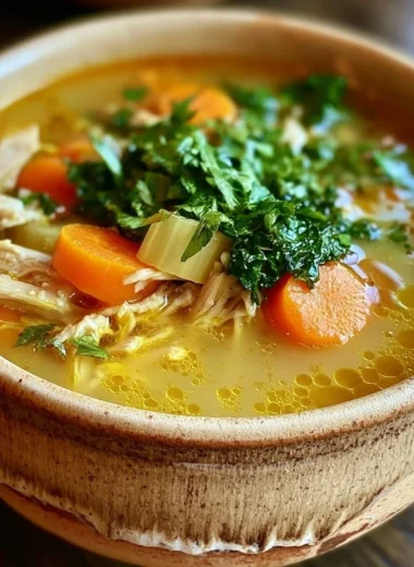 Bowl of cozy anti-inflammatory chicken soup with fresh herbs and vegetables