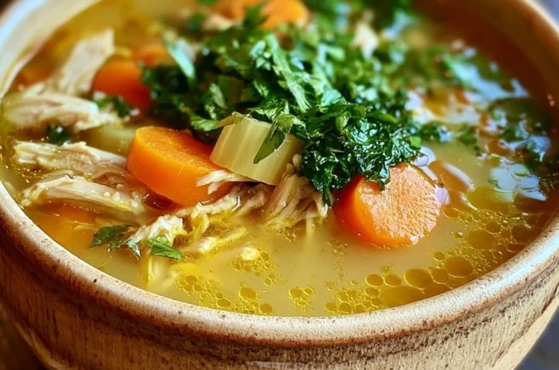 Bowl of cozy anti-inflammatory chicken soup with fresh herbs and vegetables