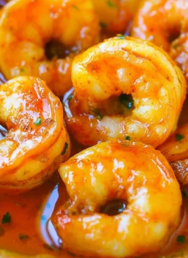 A plate of Cozy Cajun Shrimp garnished with fresh herbs and spices.
