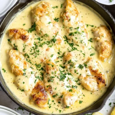 Creamy lemon chicken dish garnished with herbs, ready to serve.