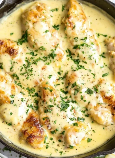 Creamy lemon chicken dish garnished with herbs, ready to serve.