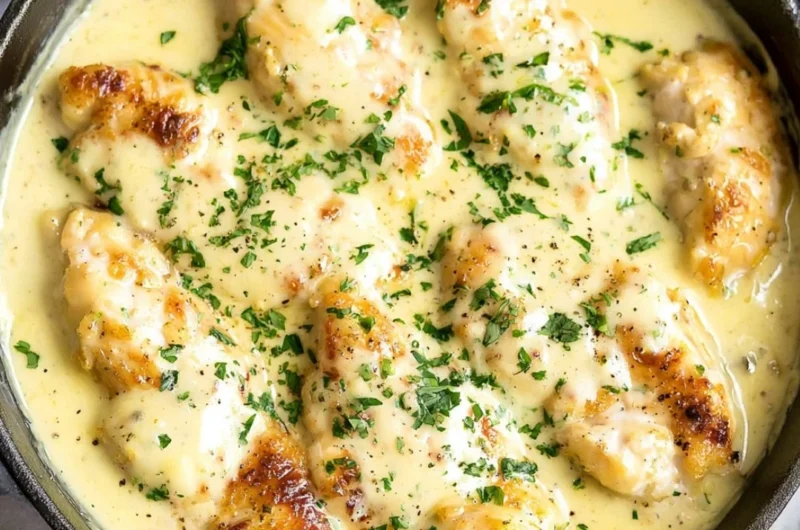 Creamy lemon chicken dish garnished with herbs, ready to serve.