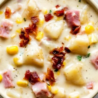 Bowl of cozy ham and corn chowder with fresh herbs and ingredients