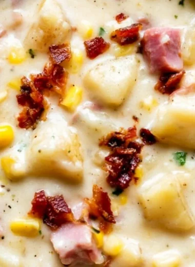 Bowl of cozy ham and corn chowder with fresh herbs and ingredients