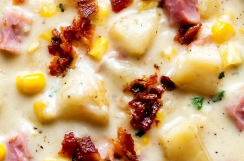 Bowl of cozy ham and corn chowder with fresh herbs and ingredients