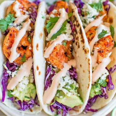 Cozy shrimp tacos garnished with garlic-lime crema on a rustic wooden table.