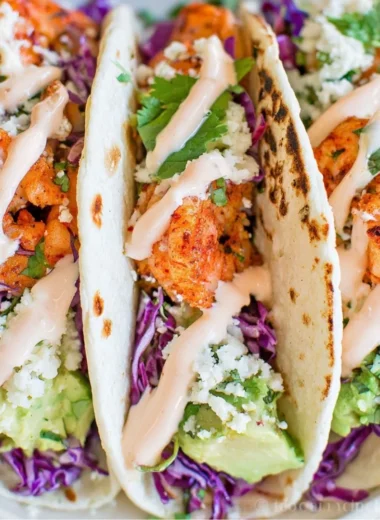 Cozy shrimp tacos garnished with garlic-lime crema on a rustic wooden table.