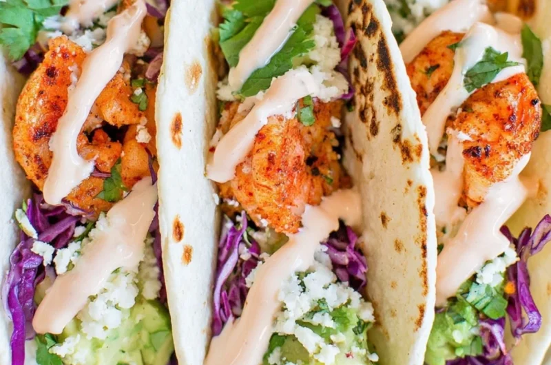Cozy shrimp tacos garnished with garlic-lime crema on a rustic wooden table.