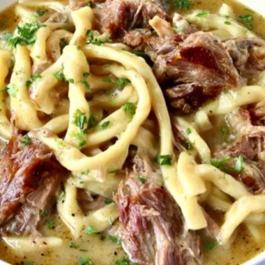 Cozy slow cooker beef noodles served in a bowl