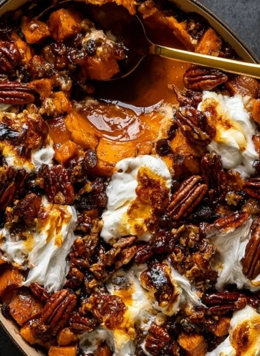 Cozy southern maple sweet potato casserole topped with pecans and marshmallows.