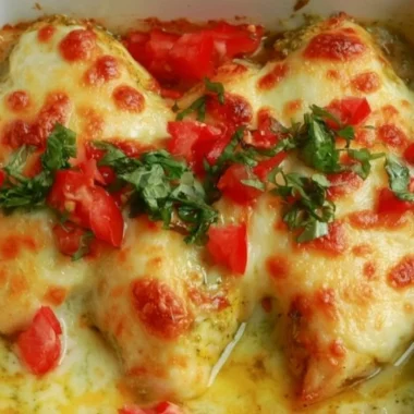 Delicious creamy pesto baked chicken served on a plate with herbs.