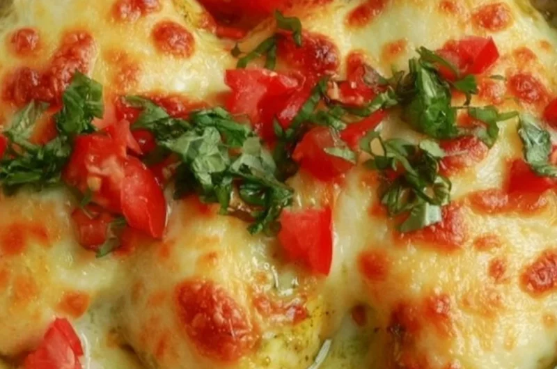 Delicious creamy pesto baked chicken served on a plate with herbs.