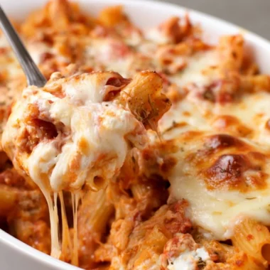 Delicious easy baked ziti with cheese and marinara sauce in a baking dish