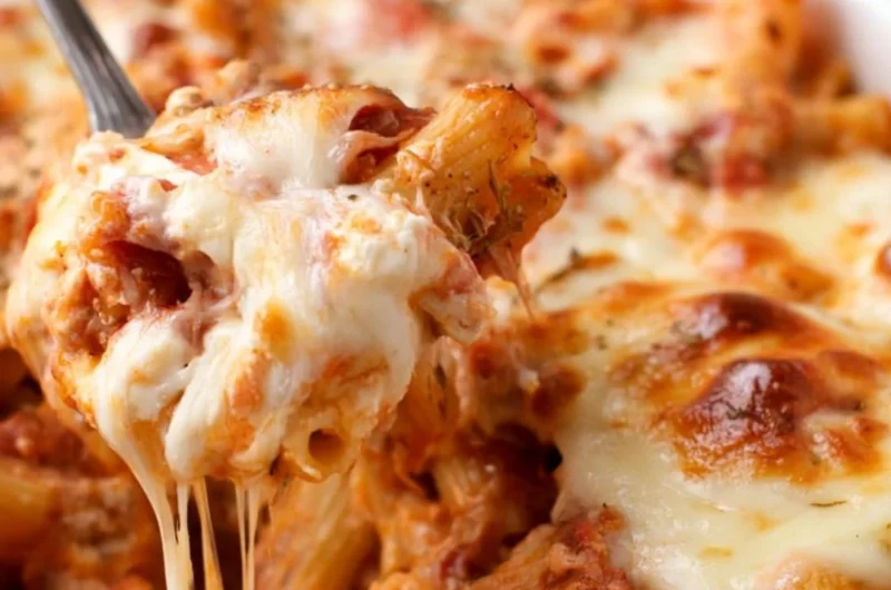 Delicious easy baked ziti with cheese and marinara sauce in a baking dish