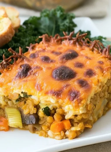 Delicious easy lentil bake topped with herbs and spices in a baking dish