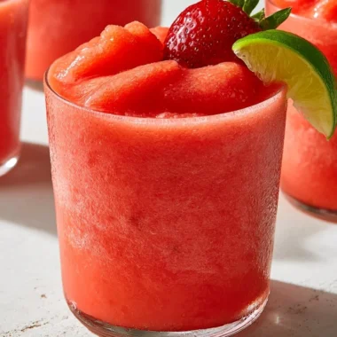Frozen virgin strawberry margarita with fresh strawberries on a sunny day