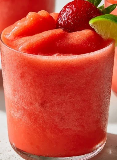 Frozen virgin strawberry margarita with fresh strawberries on a sunny day