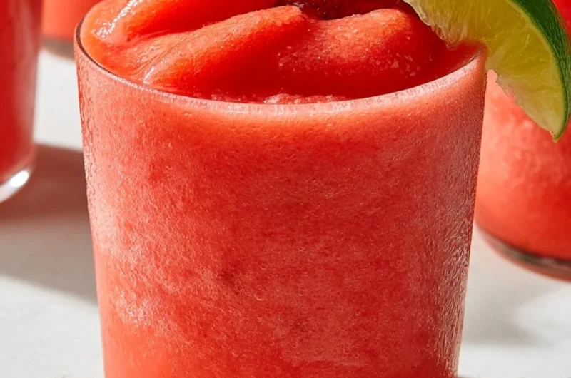 Frozen virgin strawberry margarita with fresh strawberries on a sunny day