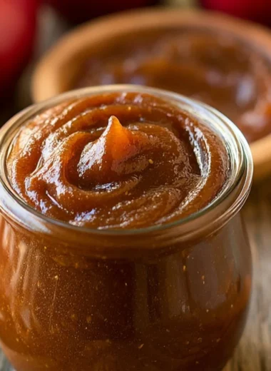 Homemade apple butter spread on toast with fresh apples in the background.