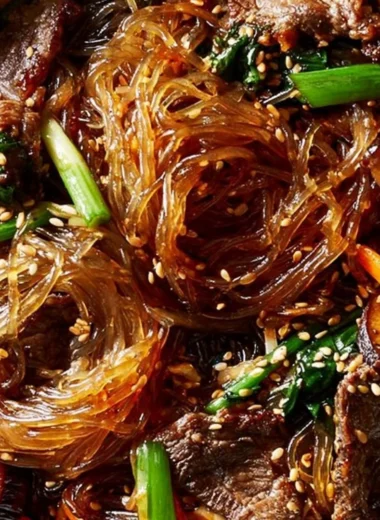 Delicious Japchae, Korean stir-fried glass noodles with colorful vegetables