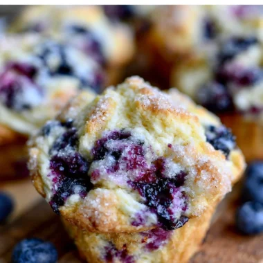 Freshly baked Meyer Lemon Blueberry Muffins with a zesty lemon glaze.