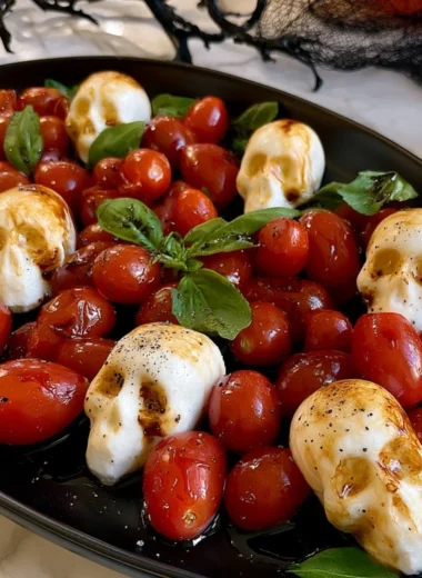 Mozzarella Skulls Salad garnished with herbs and vegetables for festive occasions