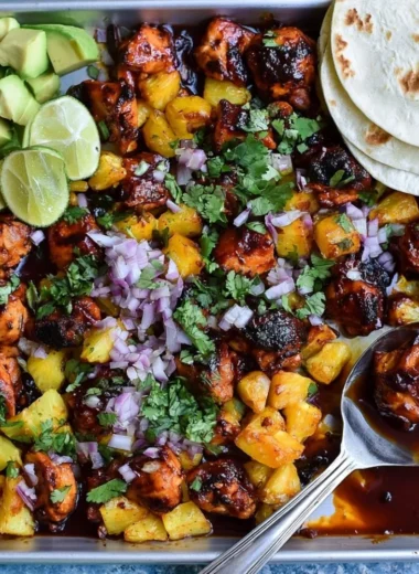One pan chicken and pineapple tacos served on a plate with fresh toppings