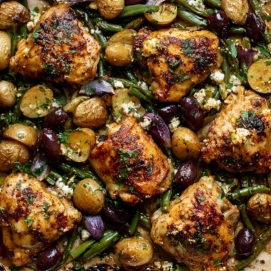 Delicious one-pan Mediterranean chicken served with vegetables and herbs