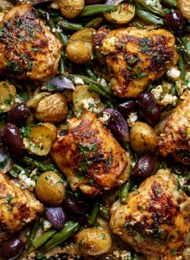 Delicious one-pan Mediterranean chicken served with vegetables and herbs