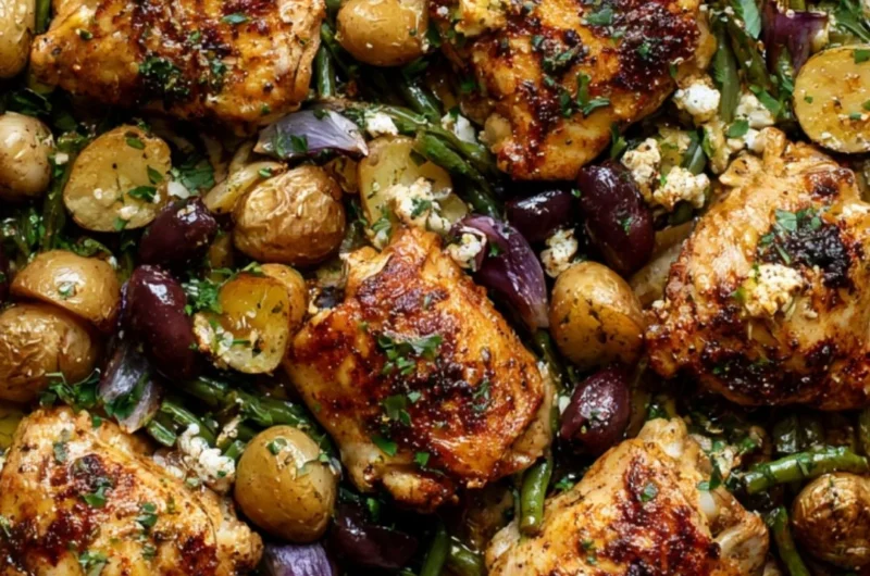 Delicious one-pan Mediterranean chicken served with vegetables and herbs