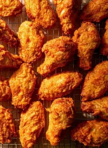 Oven-fried crispy baked chicken wings on a platter with dipping sauce