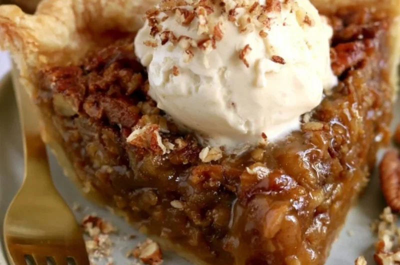 Delicious slice of homemade pecan pie with a golden crust and nuts on top