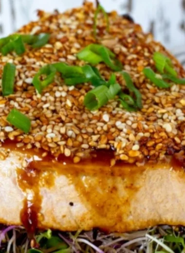 Sesame ginger grilled tuna steaks served with garnishes