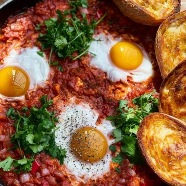 A vibrant plate of shakshuka with poached eggs and fresh herbs