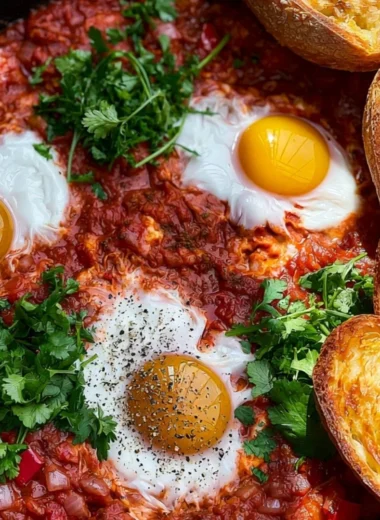A vibrant plate of shakshuka with poached eggs and fresh herbs