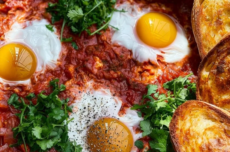 A vibrant plate of shakshuka with poached eggs and fresh herbs
