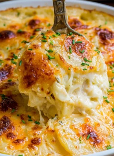 A creamy dish of homemade scalloped potatoes baked to perfection