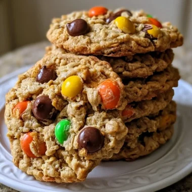Thick and chewy monster cookies loaded with chocolate chips and colorful candies