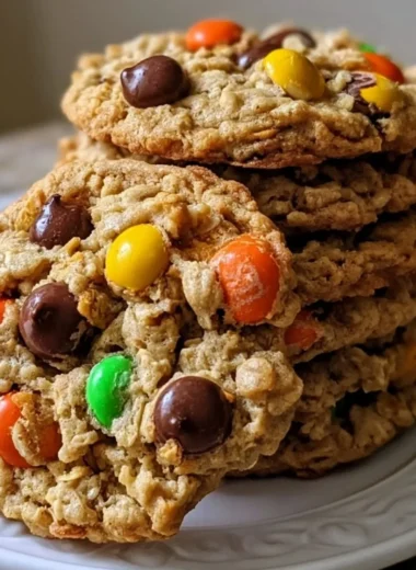 Thick and chewy monster cookies loaded with chocolate chips and colorful candies
