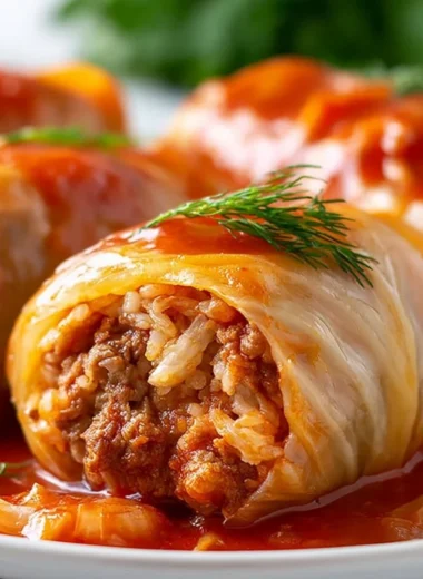 Authentic Ukrainian cabbage rolls served with sauce and herbs.