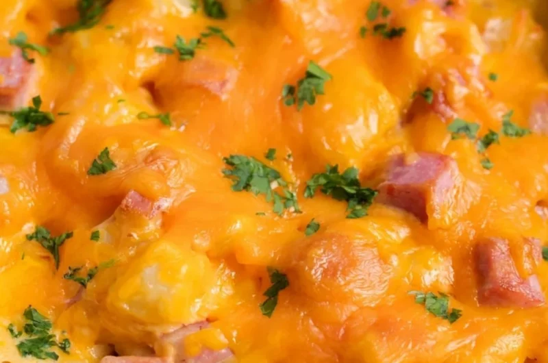 Cheesy ham and potato casserole served in a baking dish