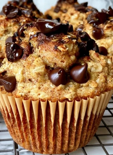 Cozy gluten-free Greek yogurt chocolate chip oatmeal muffins on a wooden table