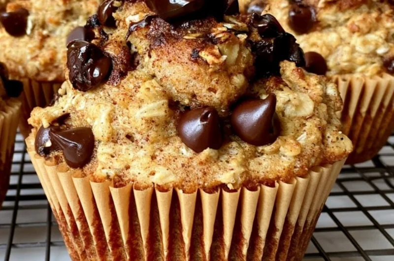 Cozy gluten-free Greek yogurt chocolate chip oatmeal muffins on a wooden table
