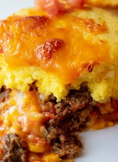 Cozy Mexican Cornbread Casserole topped with cheese and herbs