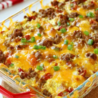 Cozy Sausage Egg Bake served in a casserole dish with fresh herbs