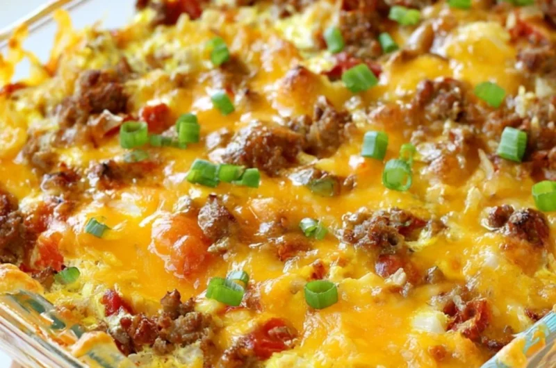 Cozy Sausage Egg Bake served in a casserole dish with fresh herbs