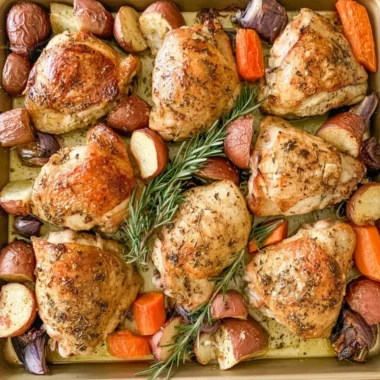 Cozy sheet pan chicken thighs with herbs and roasted vegetables on a baking tray.