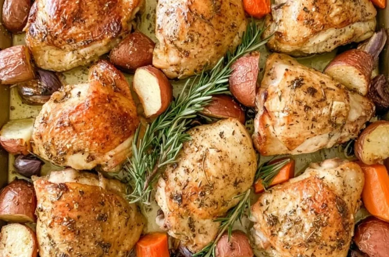 Cozy sheet pan chicken thighs with herbs and roasted vegetables on a baking tray.