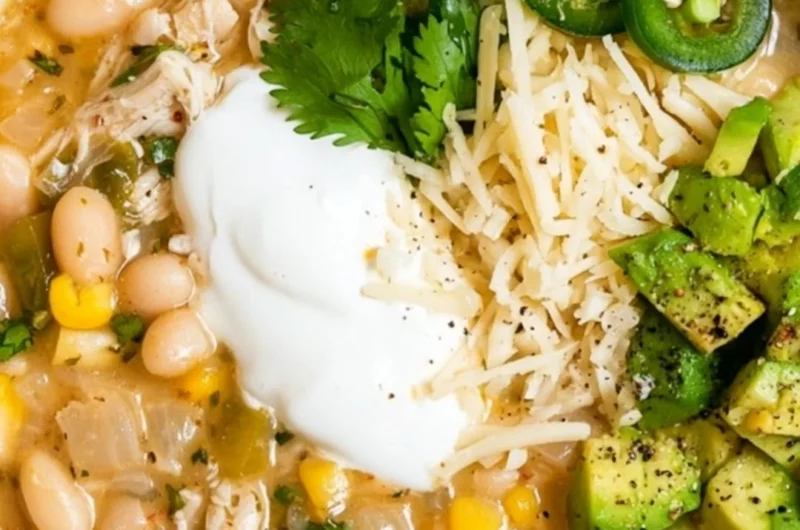 A hearty bowl of cozy white bean chili garnished with parsley and served with crusty bread.